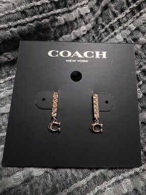 COACH Rose-Gold Crystal Bar Drop Earrings with Signature 'C' Charm NWT